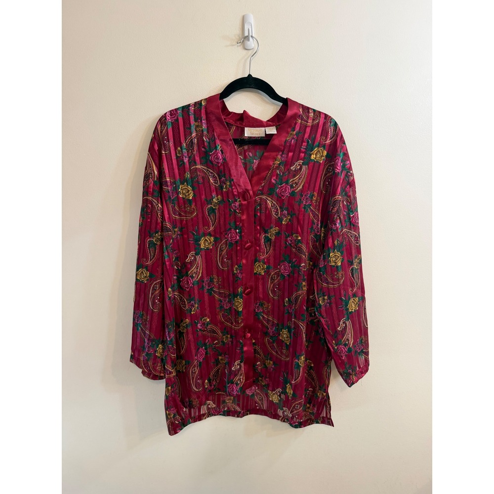 Victoria's Secret VTG Gold Label Red Paisley Rose Floral Pleated Night Shirt L